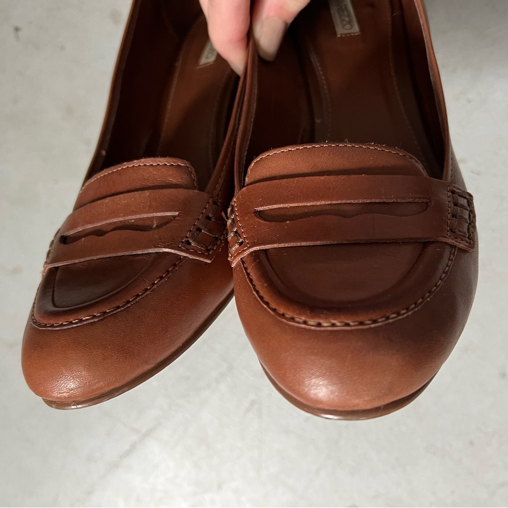 AREZZO Almond Toe Block Heel Leather Penny Loafer in Cognac Brown - Picture 11 of 15